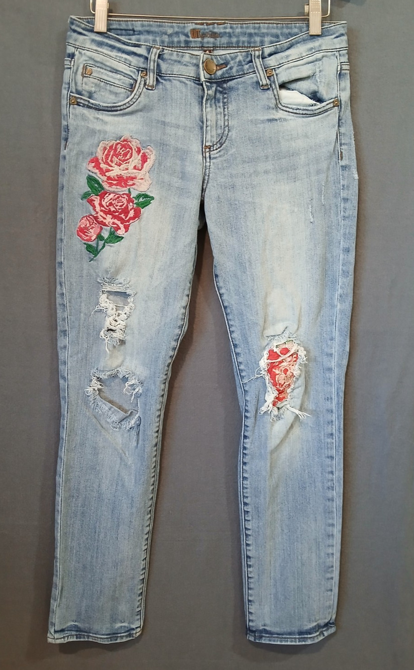 KUT From The Kloth Jeans Womens Blue 4 Floral Embroidered Denim Stretch Distress